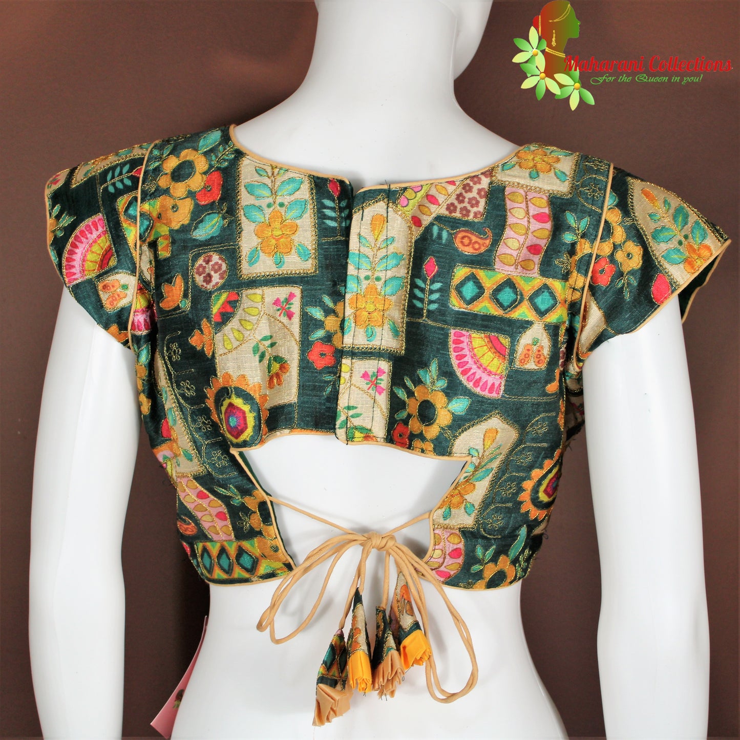 Maharani's Linen Silk Golden Zari Blouse - Green