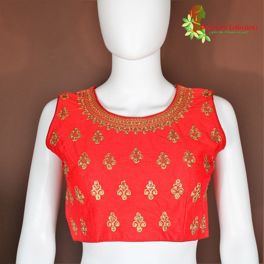 Maharani's Linen Silk Golden Zari Blouse - Red