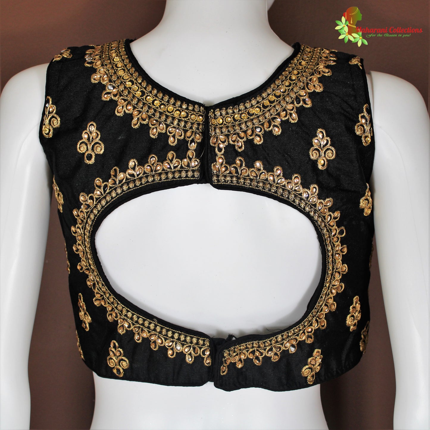 Maharani's Linen Silk Golden Zari Blouse - Black