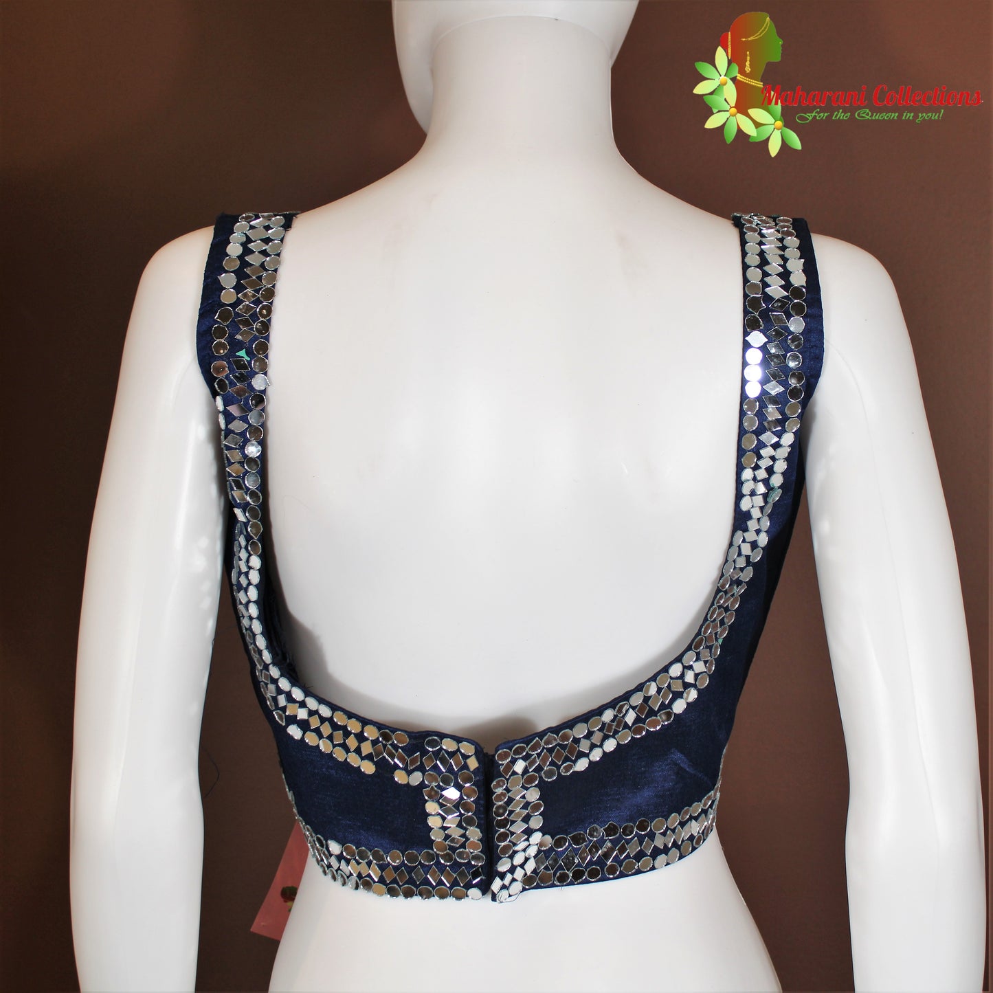 Maharani's Linen Silk Mirror Work Blouse - Navy Blue
