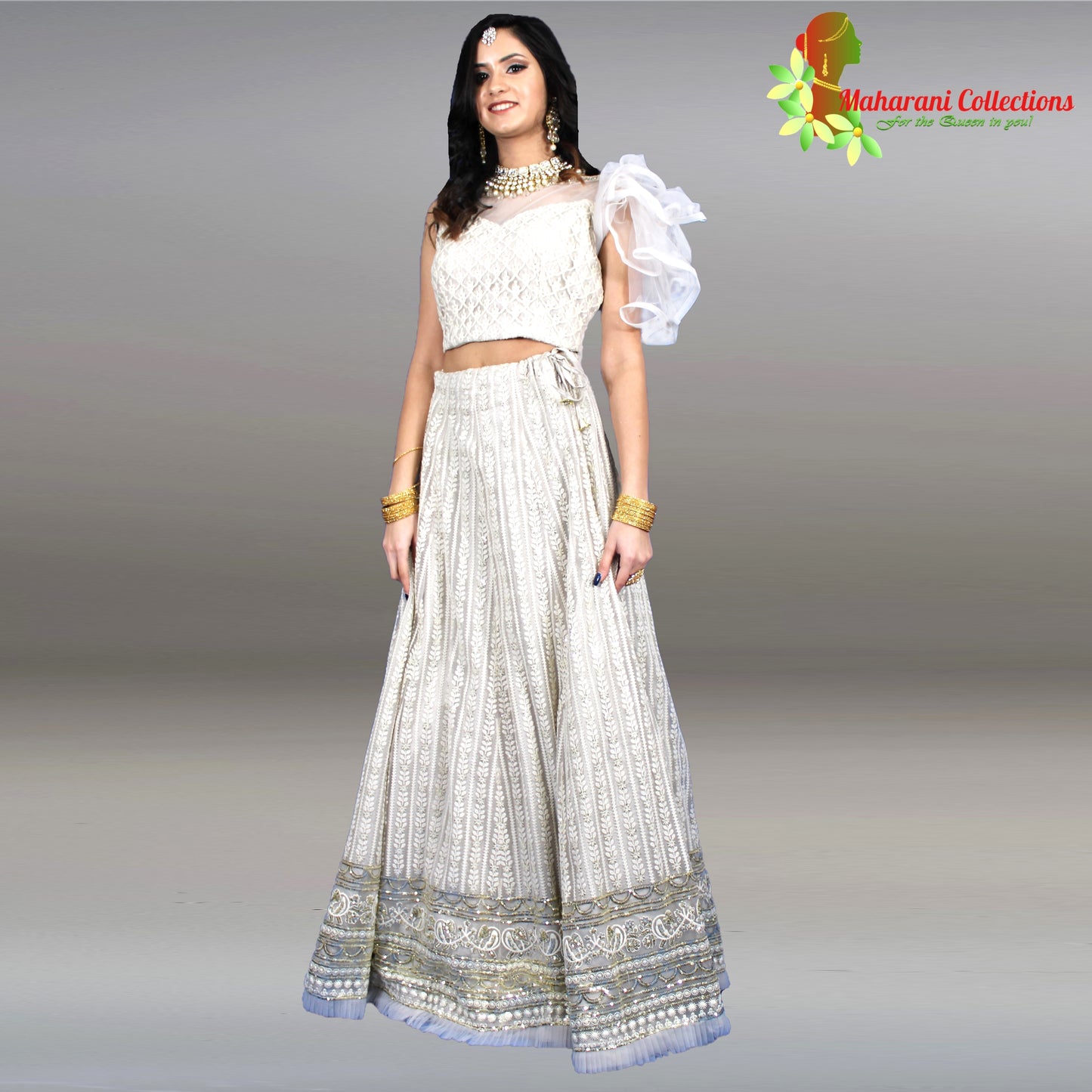 Maharani's Net Embroidered Designer Lehenga Choli - Off White