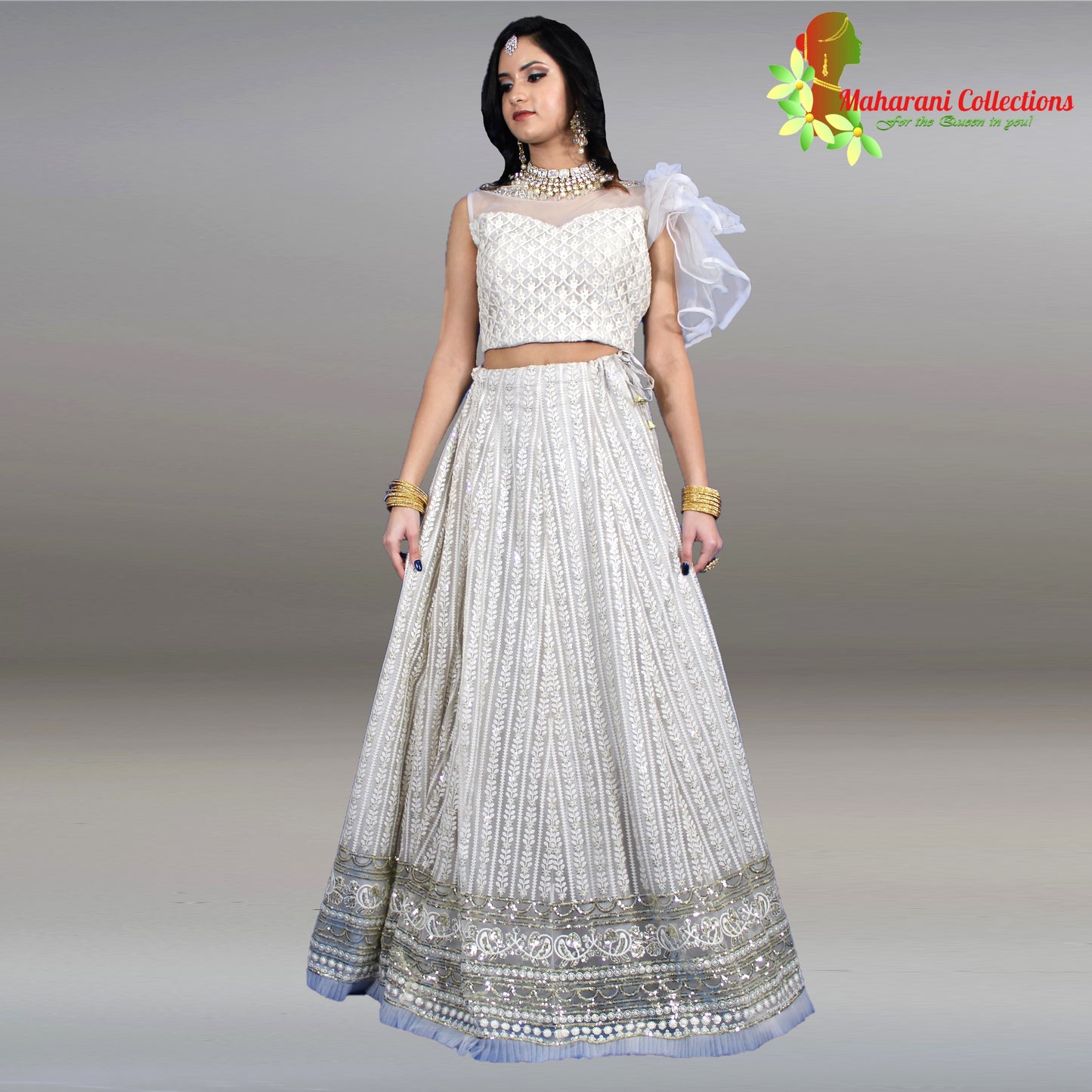 Maharani's Net Embroidered Designer Lehenga Choli - Off White
