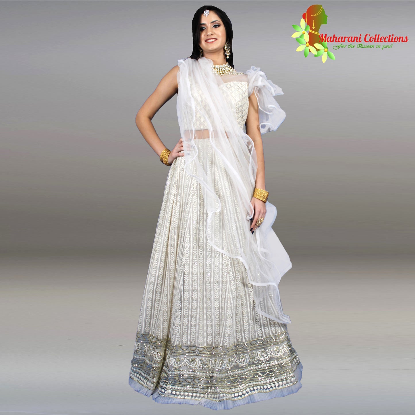 Maharani's Net Embroidered Designer Lehenga Choli - Off White