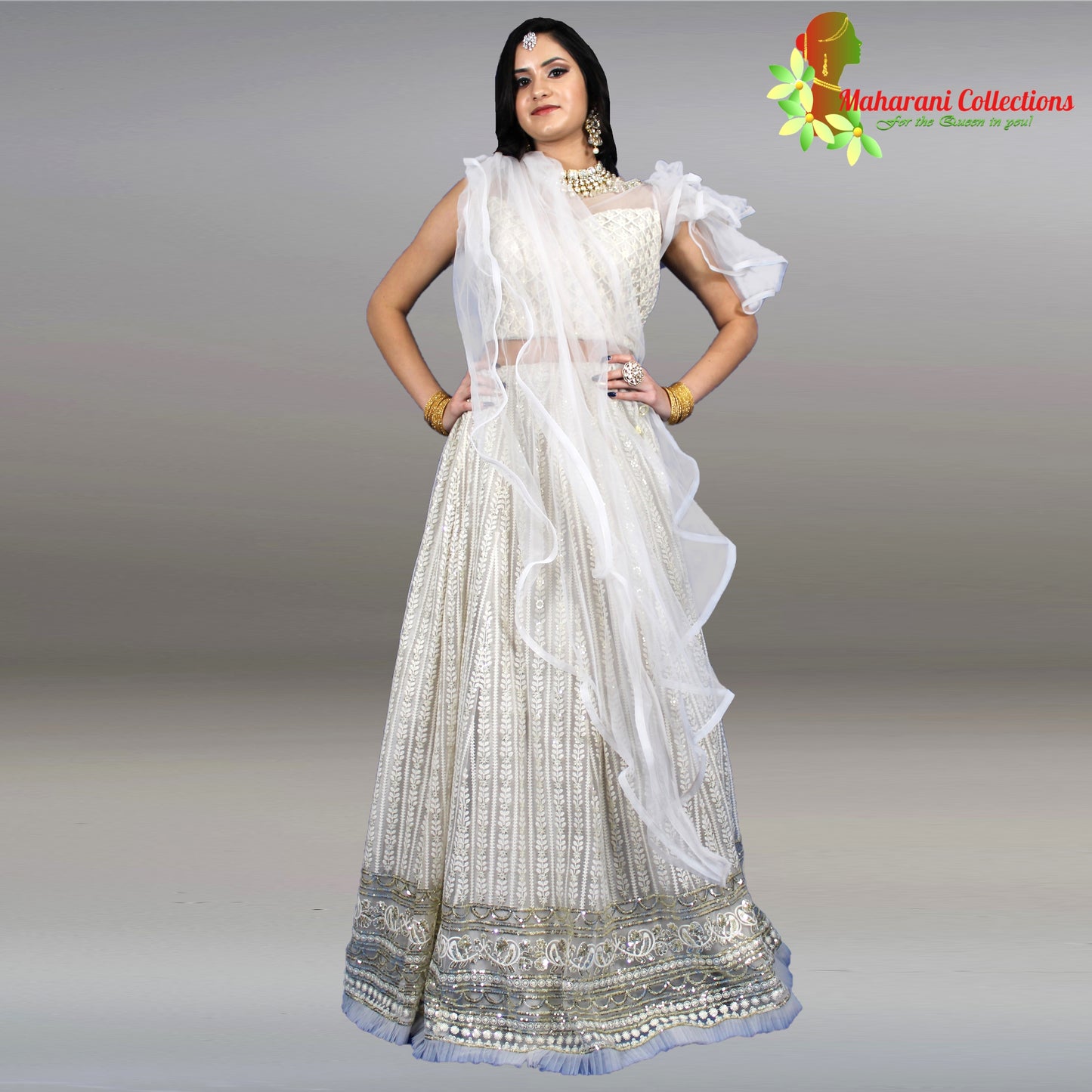 Maharani's Net Embroidered Designer Lehenga Choli - Off White