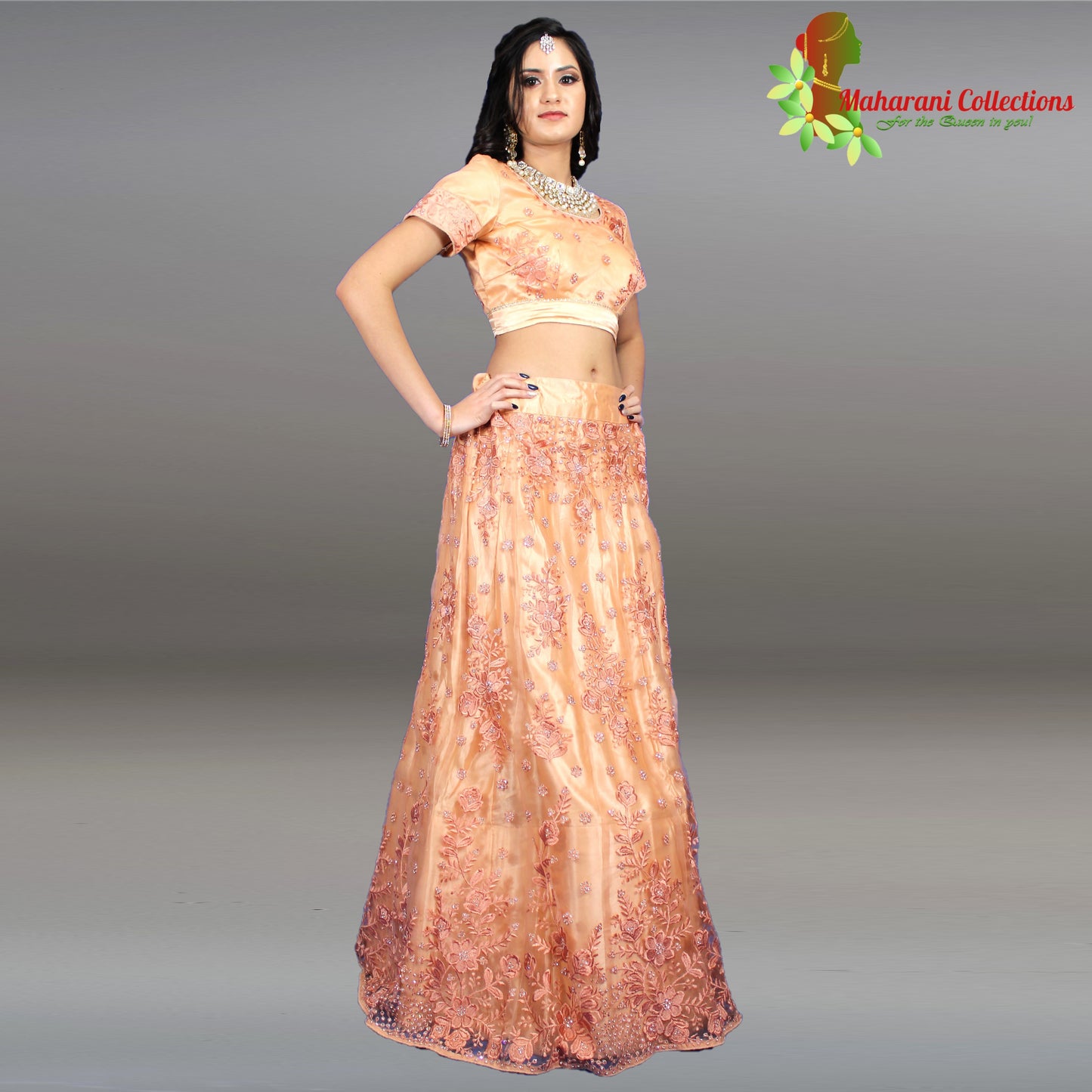 Maharani's Designer Net-Silk Lehenga - Peach with Zari and Sequins Embroidery