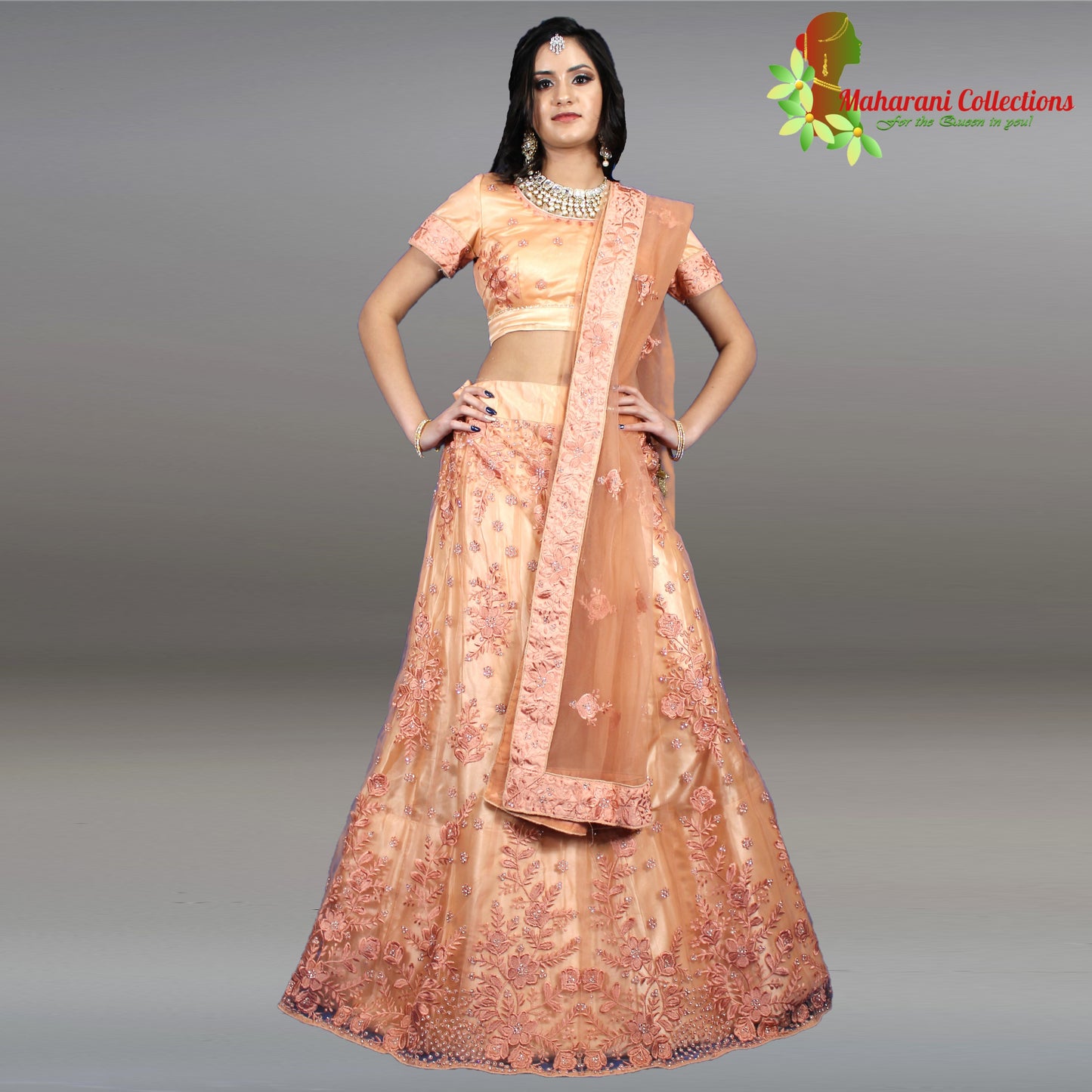 Maharani's Designer Net-Silk Lehenga - Peach with Zari and Sequins Embroidery