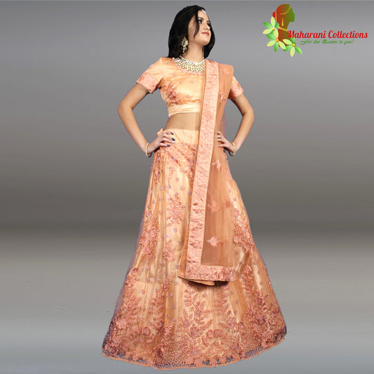 Maharani's Designer Net-Silk Lehenga - Peach with Zari and Sequins Embroidery