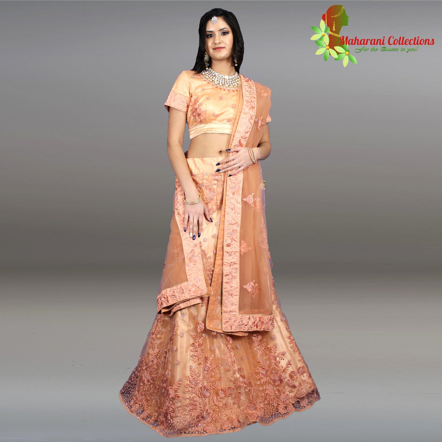 Maharani's Designer Net-Silk Lehenga - Peach with Zari and Sequins Embroidery
