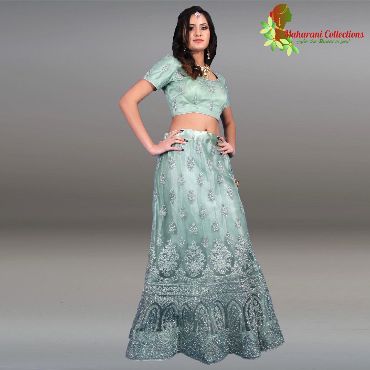Maharani's Designer Net-Silk Lehenga - Moss Green with Zari and Sequins Embroidery