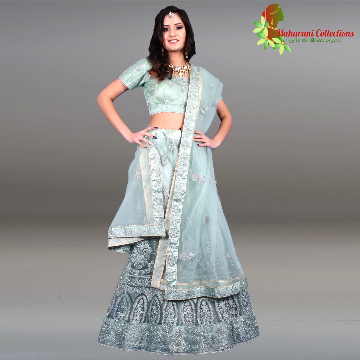 Maharani's Designer Net-Silk Lehenga - Moss Green with Zari and Sequins Embroidery