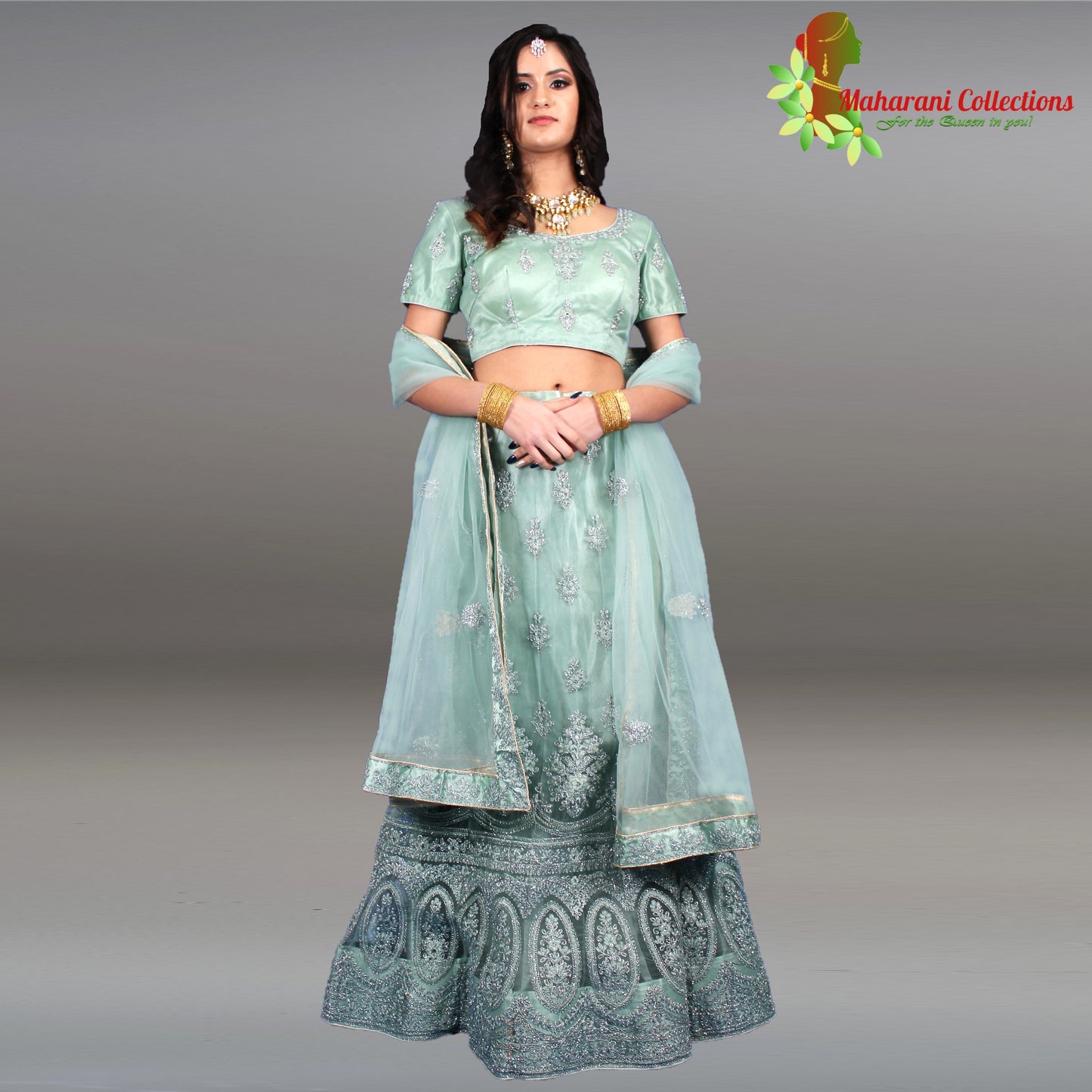 Maharani's Designer Net-Silk Lehenga - Moss Green with Zari and Sequins Embroidery