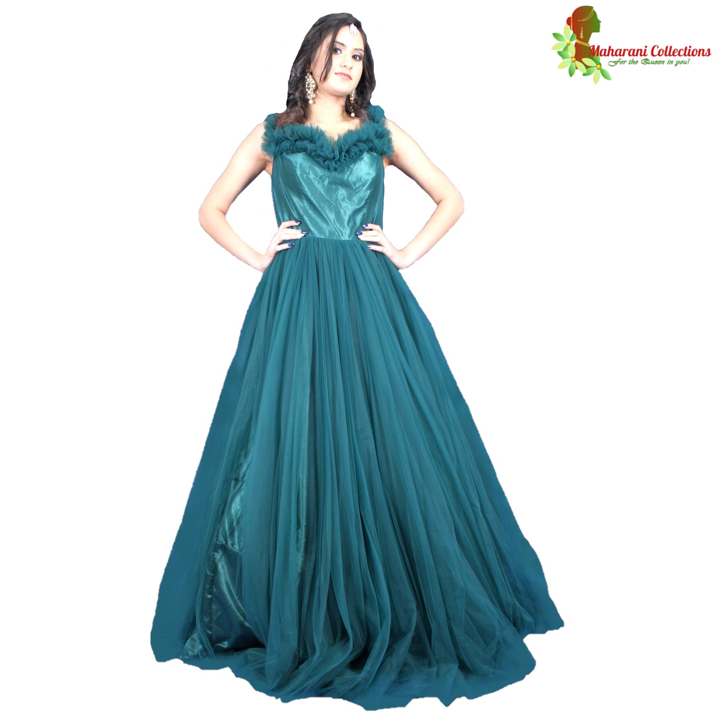 Designer Ball (Princess) Gown - Bottle Green with Floral Net Work