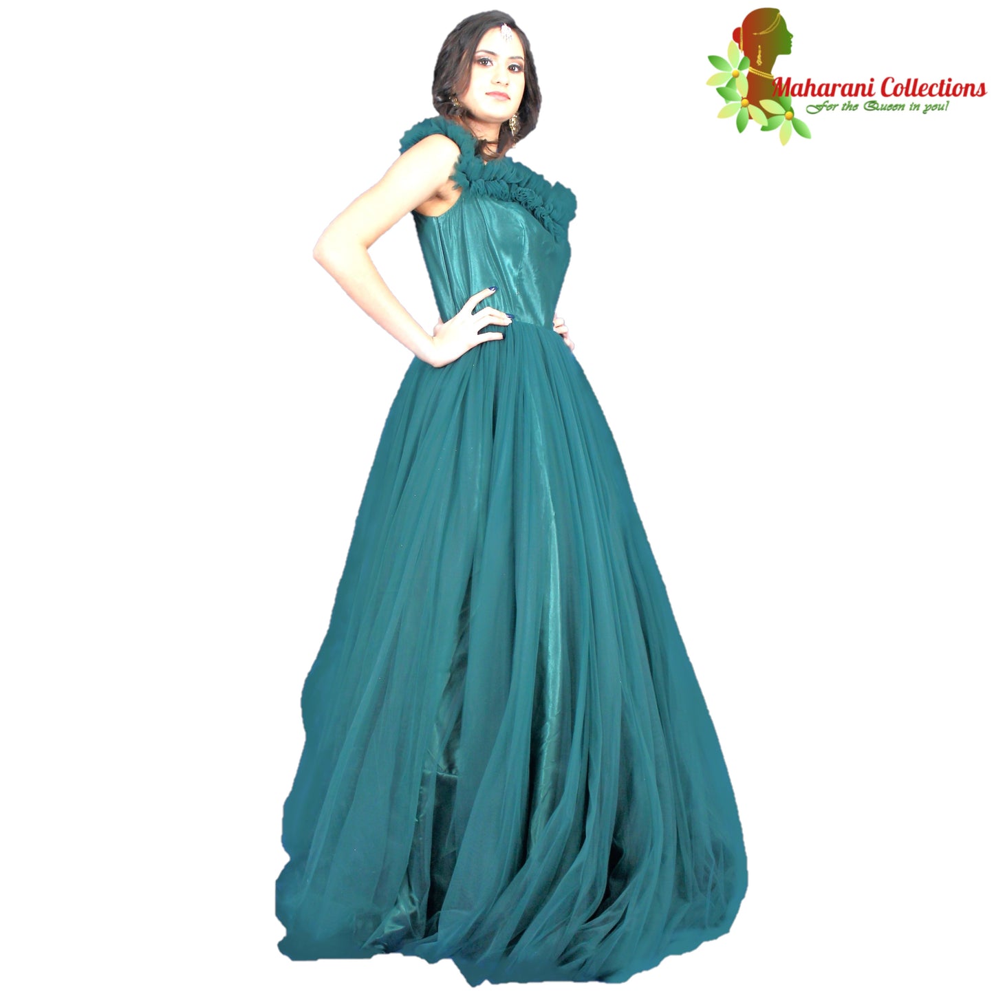 Designer Ball (Princess) Gown - Bottle Green with Floral Net Work