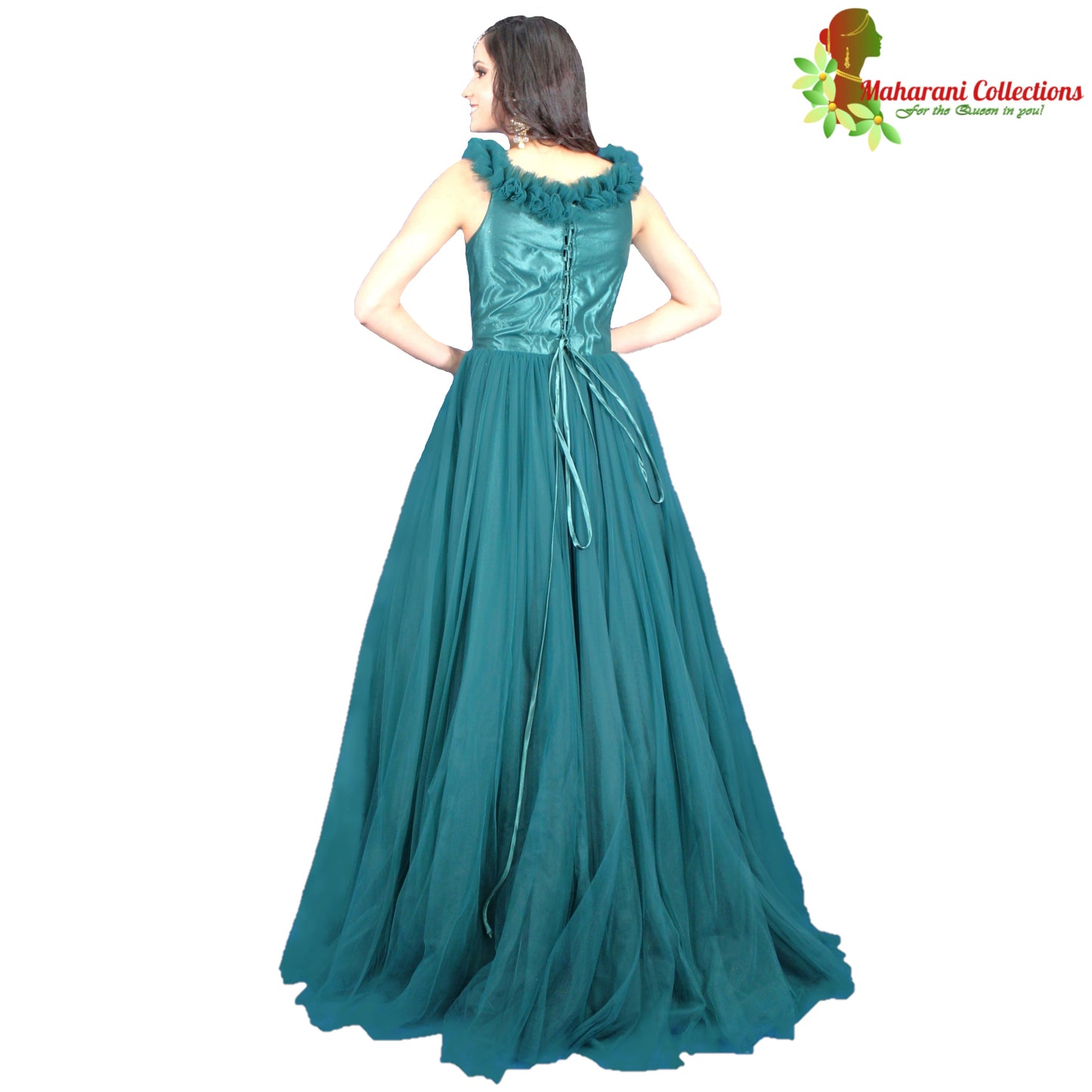 Designer Ball (Princess) Gown - Bottle Green with Floral Net Work