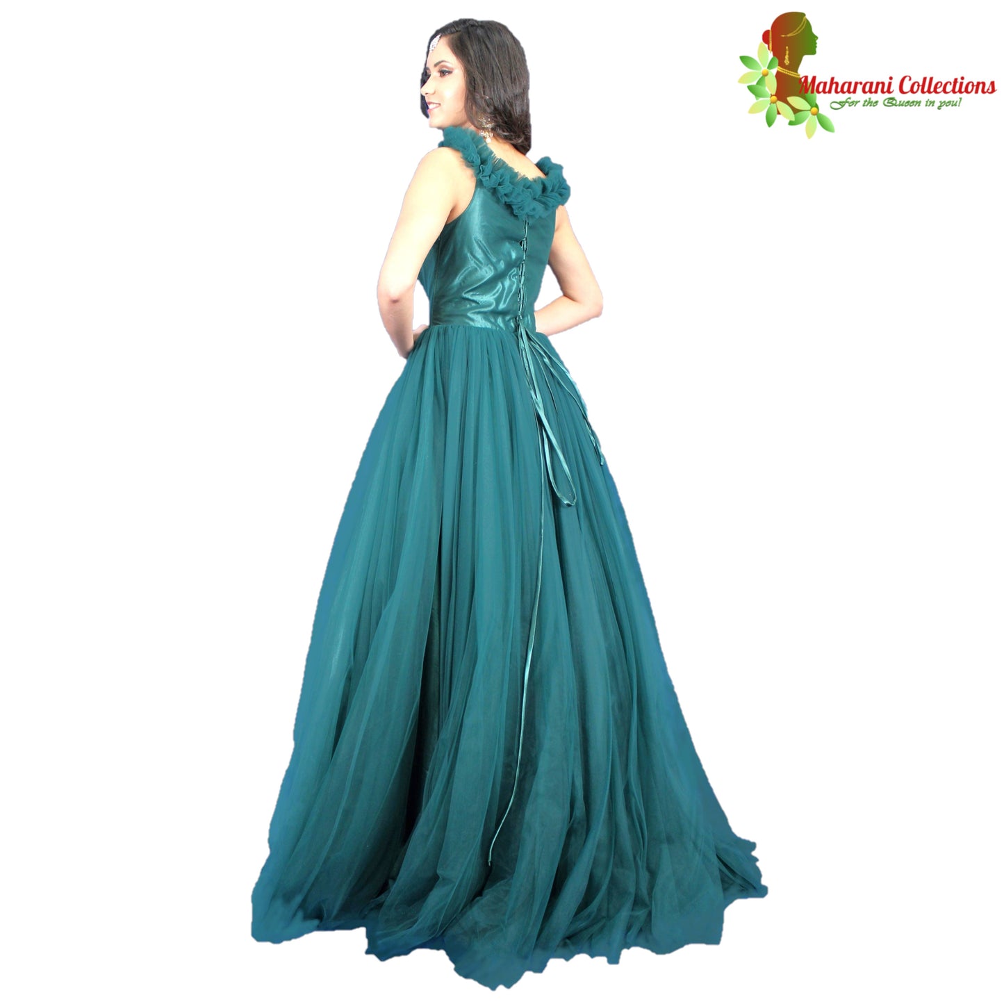 Designer Ball (Princess) Gown - Bottle Green with Floral Net Work