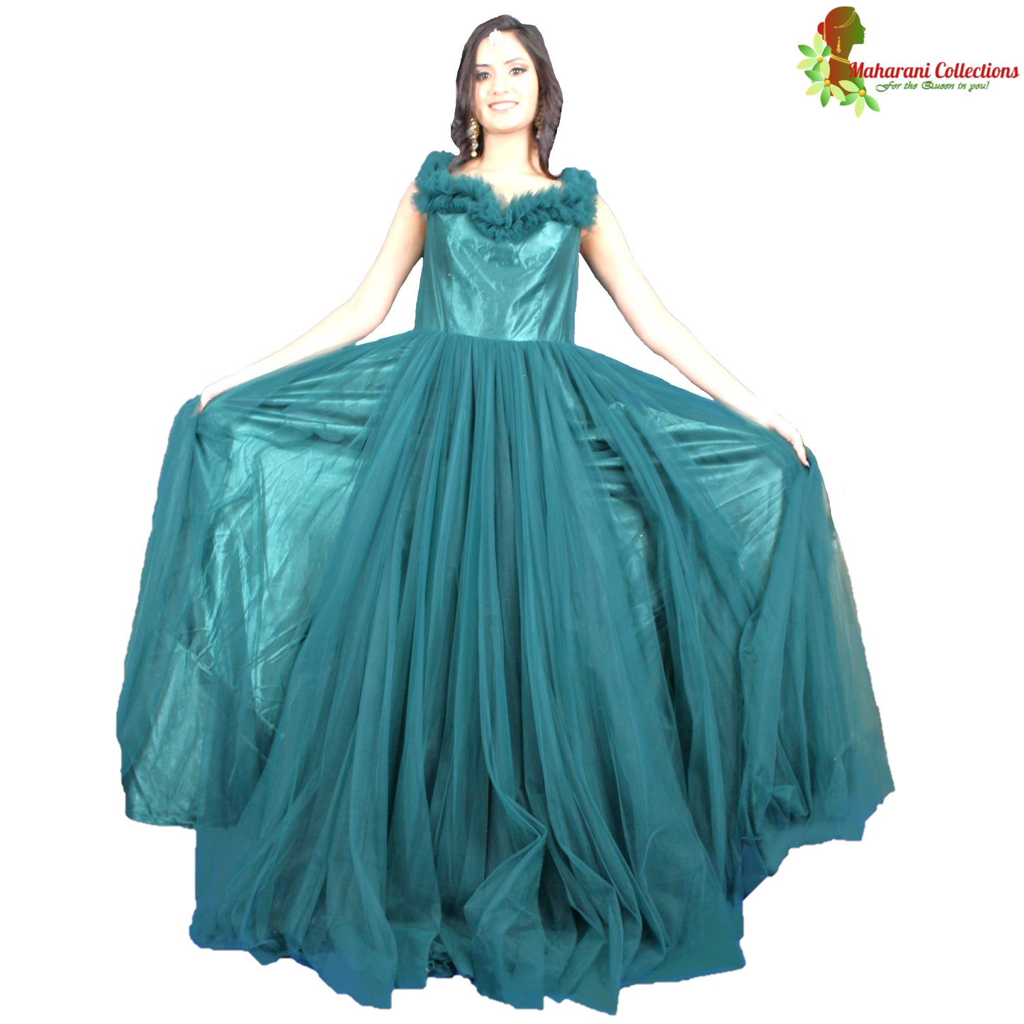 Designer Ball (Princess) Gown - Bottle Green with Floral Net Work