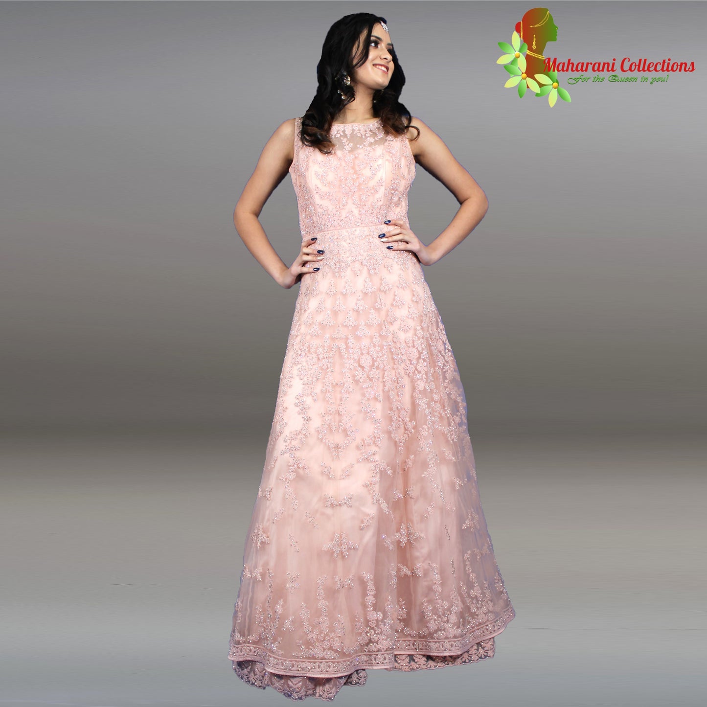 Designer Long Gown (Anarkali Suit) - Peach with Sequins and Zari Work