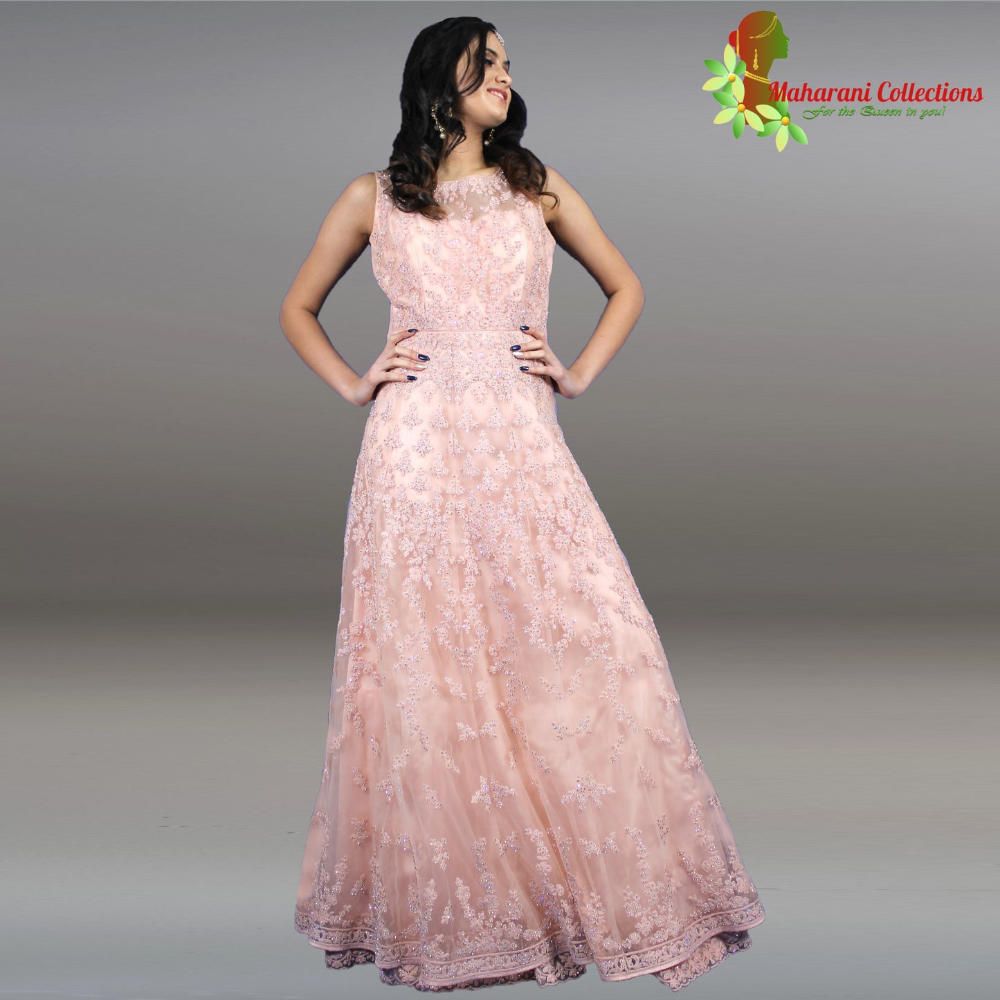 Designer Long Gown (Anarkali Suit) - Peach with Sequins and Zari Work