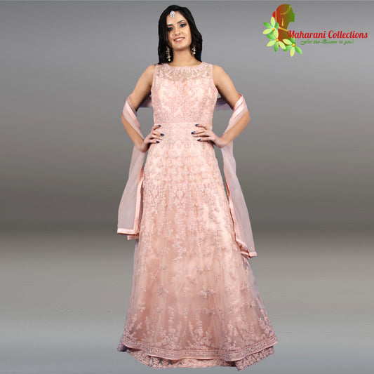 Designer Long Gown (Anarkali Suit) - Peach with Sequins and Zari Work