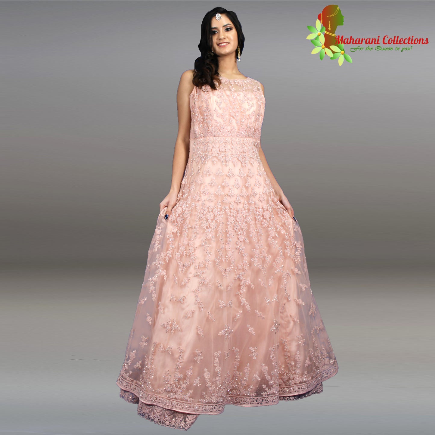 Designer Long Gown (Anarkali Suit) - Peach with Sequins and Zari Work