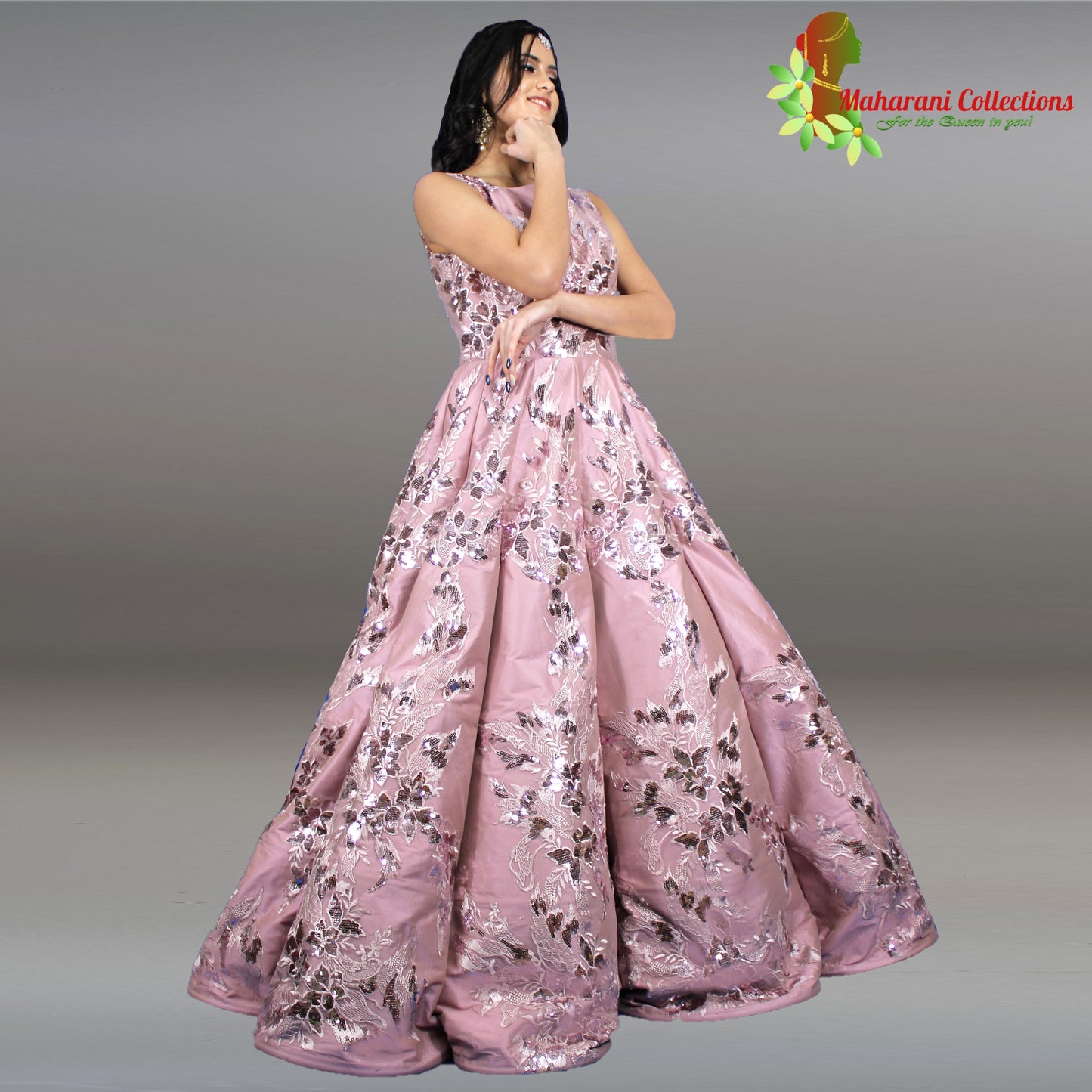 Designer Ball (Princess) Gown - Purple with Pearl and Sequins Work