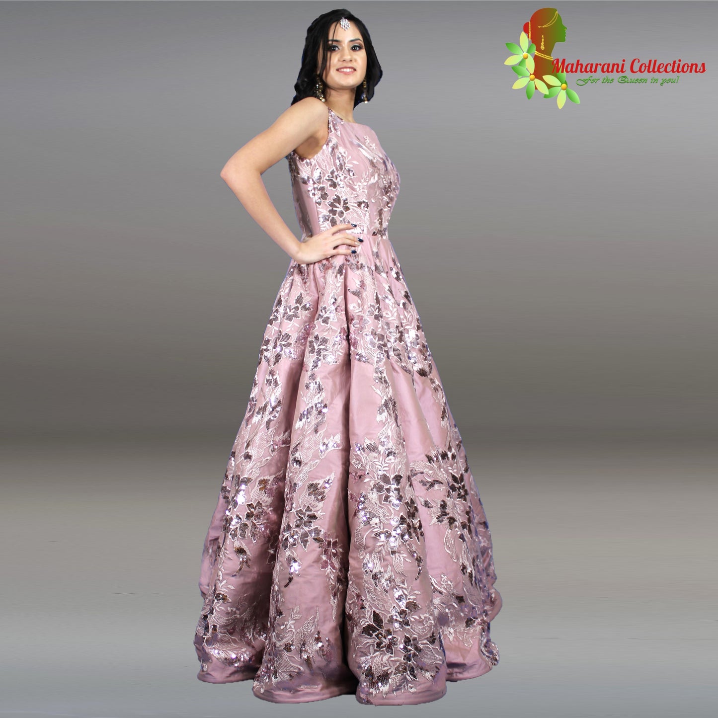 Designer Ball (Princess) Gown - Purple with Pearl and Sequins Work