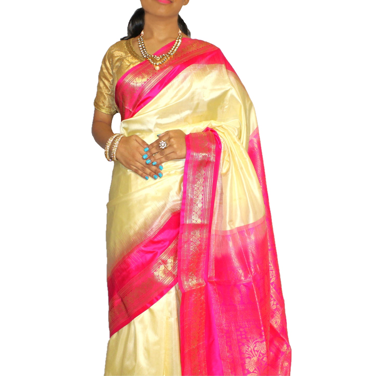 Maharani's Pure Banarasi Silk Saree - Cream (with stitched Petticoat)