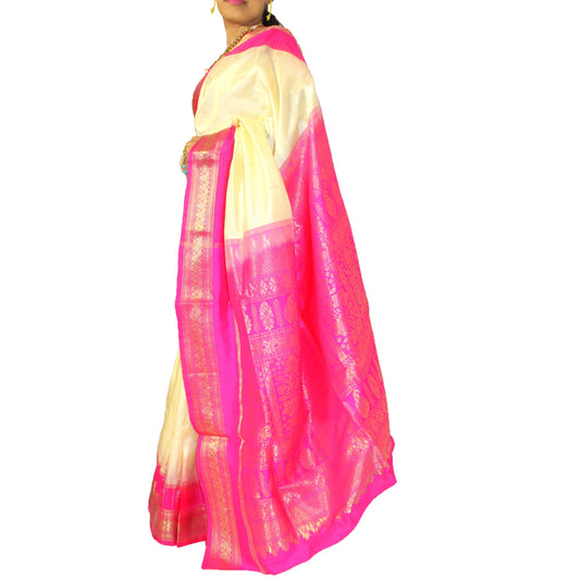 Maharani's Pure Banarasi Silk Saree - Cream (with stitched Petticoat)