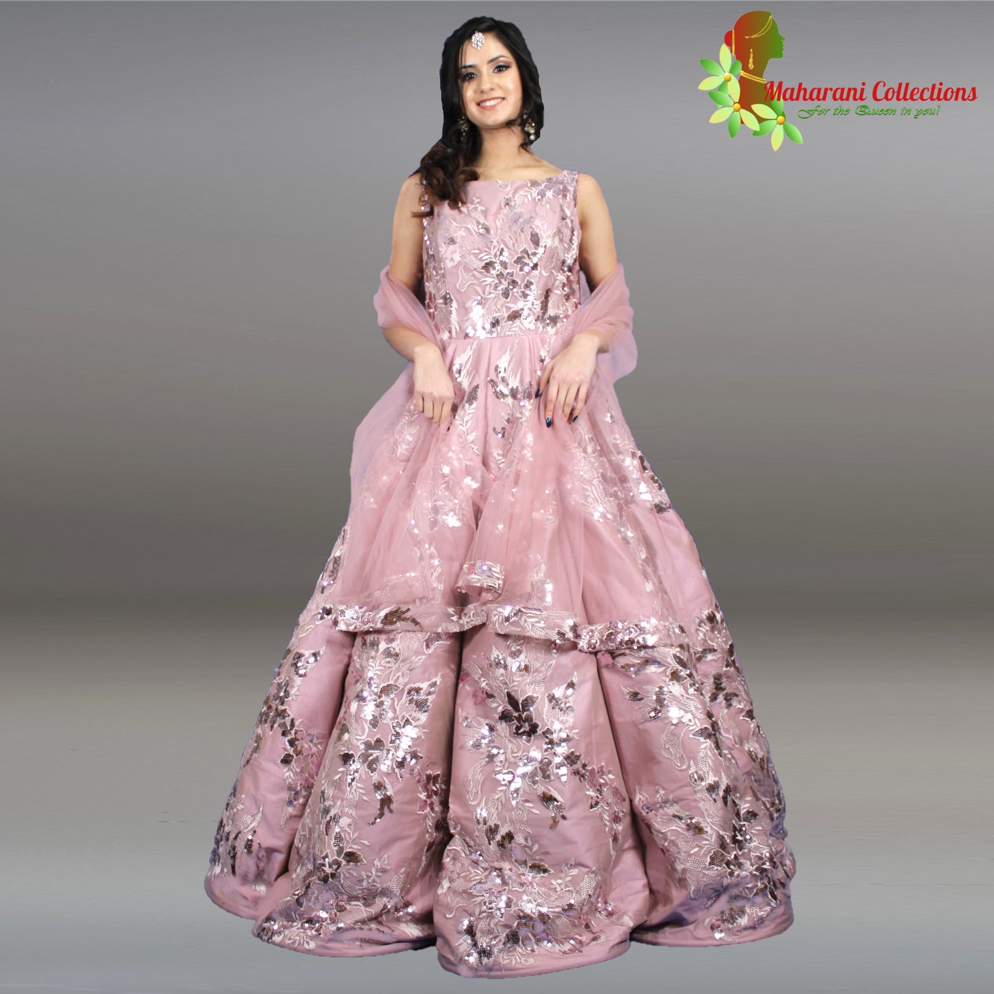 Designer Ball (Princess) Gown - Purple with Pearl and Sequins Work