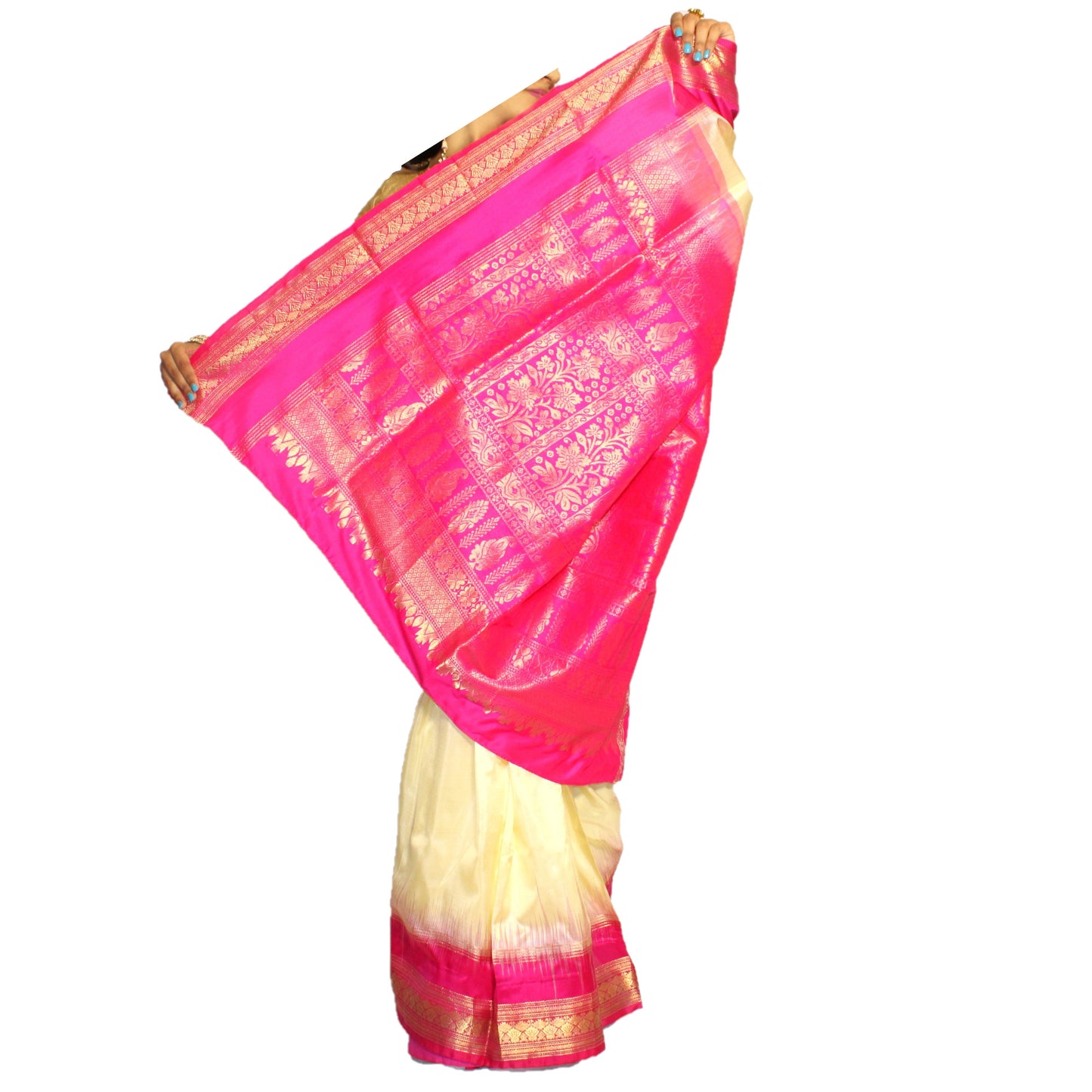 Maharani's Pure Banarasi Silk Saree - Cream (with stitched Petticoat)