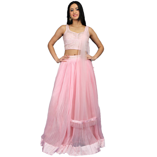 Designer Silk Lehenga Choli - Pink with Sequins and Silve Zari Embroidery