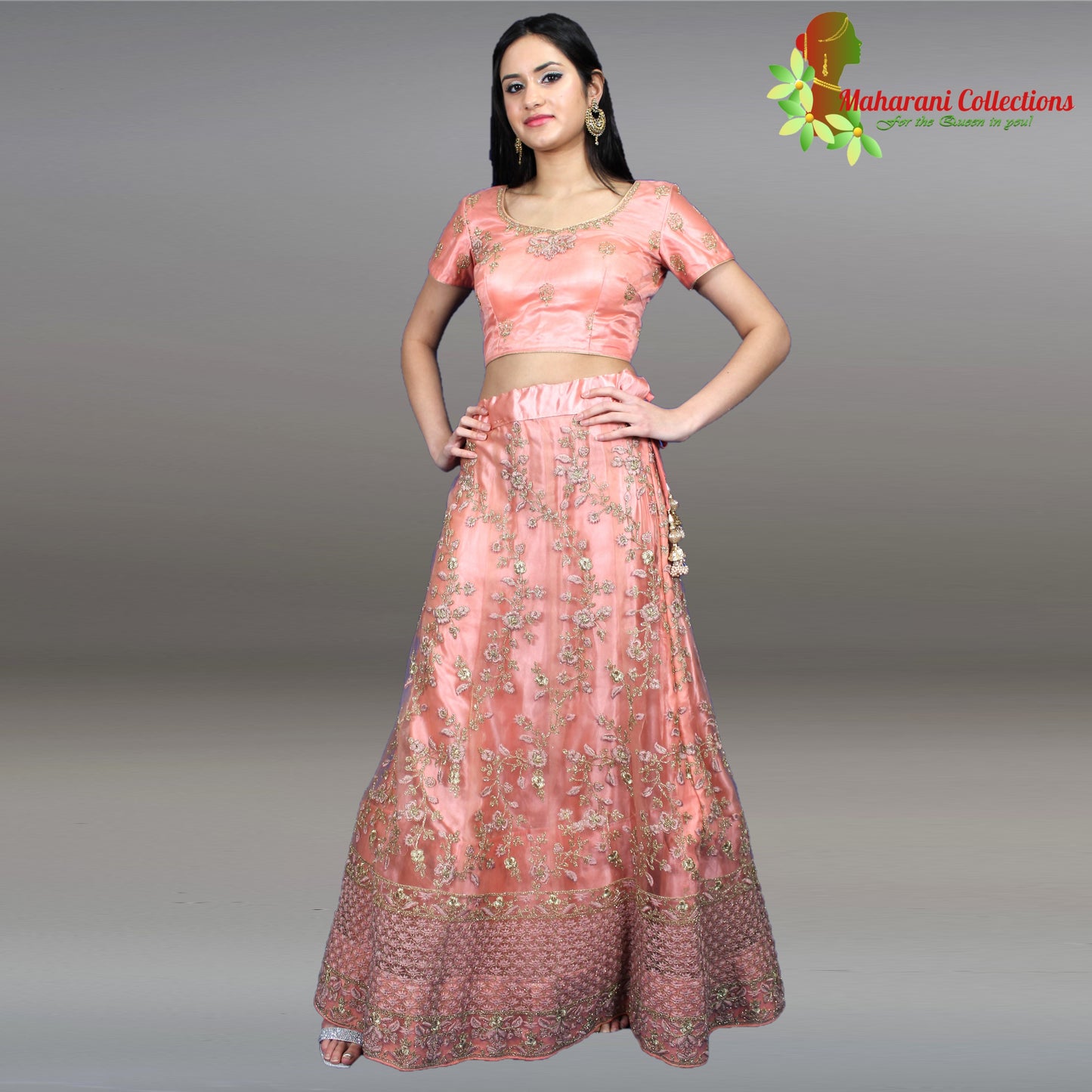 Maharani's Designer Net-Silk Lehenga - Peach with Zari and Sequins Embroidery