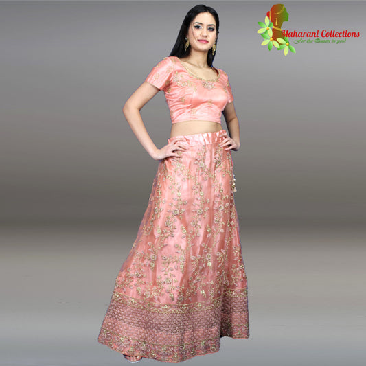 Maharani's Designer Net-Silk Lehenga - Peach with Zari and Sequins Embroidery