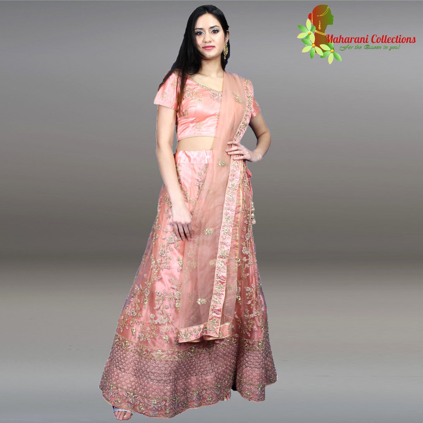 Maharani's Designer Net-Silk Lehenga - Peach with Zari and Sequins Embroidery