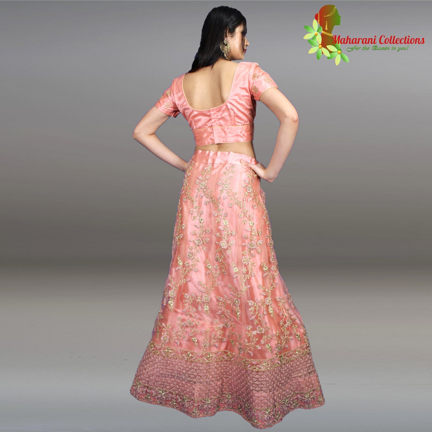 Maharani's Designer Net-Silk Lehenga - Peach with Zari and Sequins Embroidery