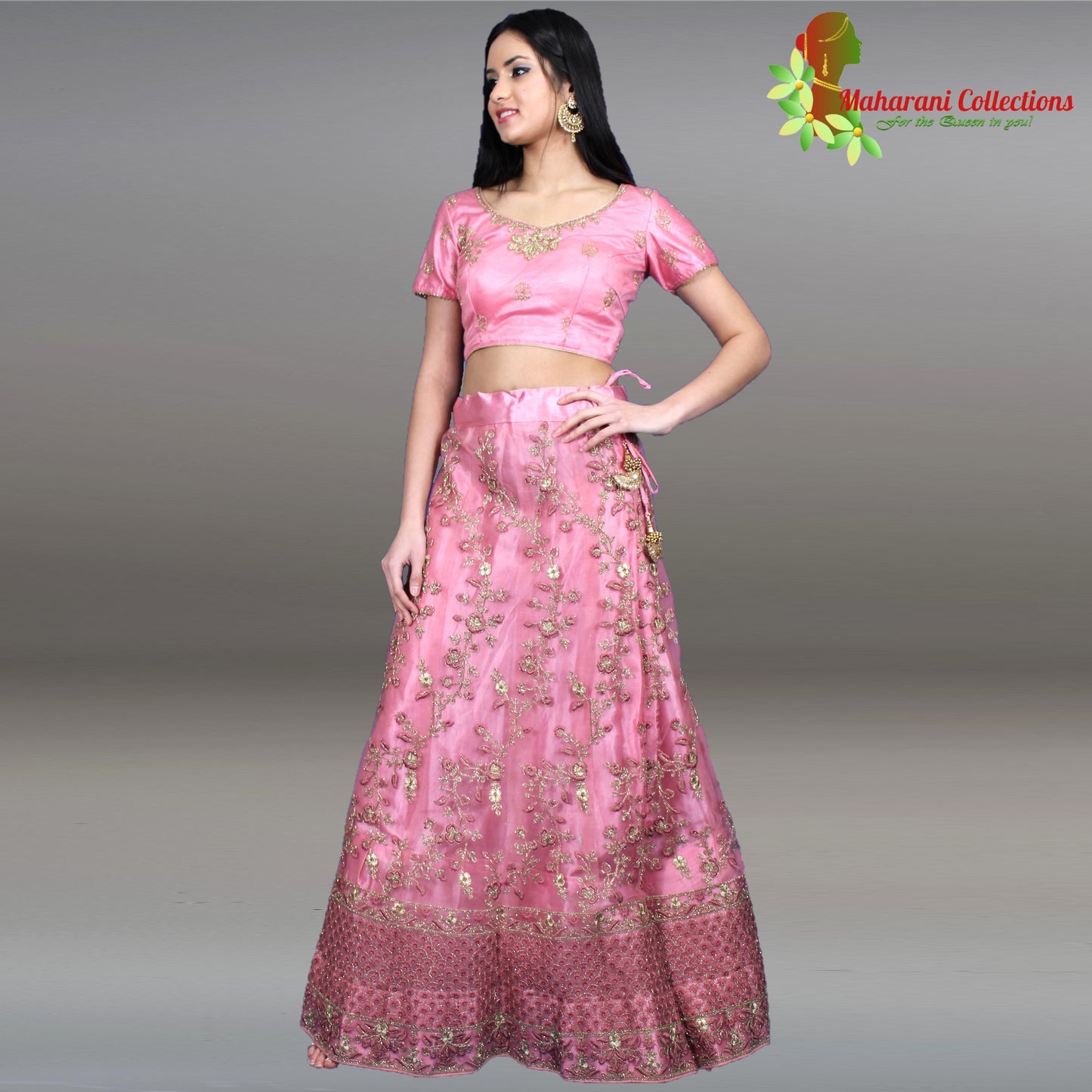 Maharani's Designer Net-Silk Lehenga - Pink with Golden Zari and Sequins Embroidery