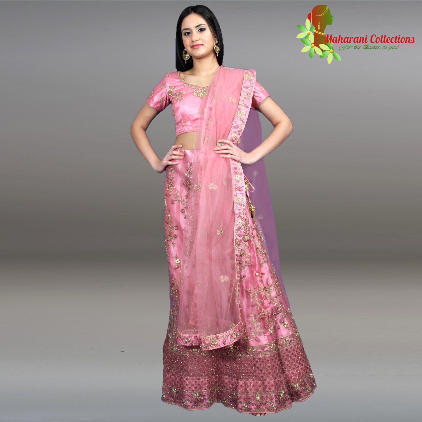 Maharani's Designer Net-Silk Lehenga - Pink with Golden Zari and Sequins Embroidery