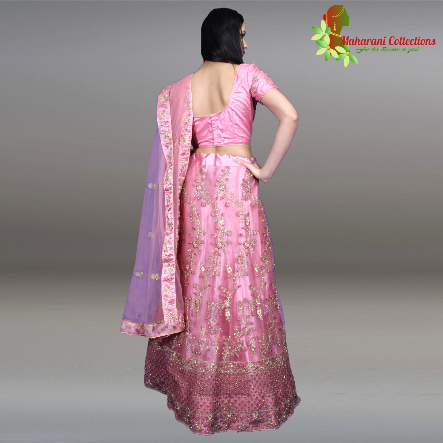 Maharani's Designer Net-Silk Lehenga - Pink with Golden Zari and Sequins Embroidery