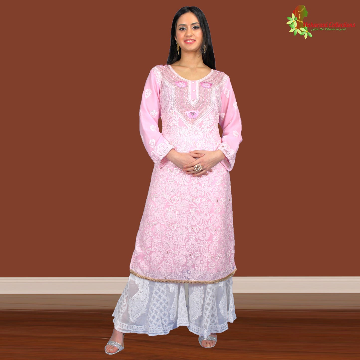 Maharani's Lucknowi Chikankari Sharara Suit - Pink (L) - Pure Georgette