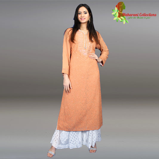 Maharani's Lucknowi Chikankari Sharara Suit - Orange (L) - Pure Georgette