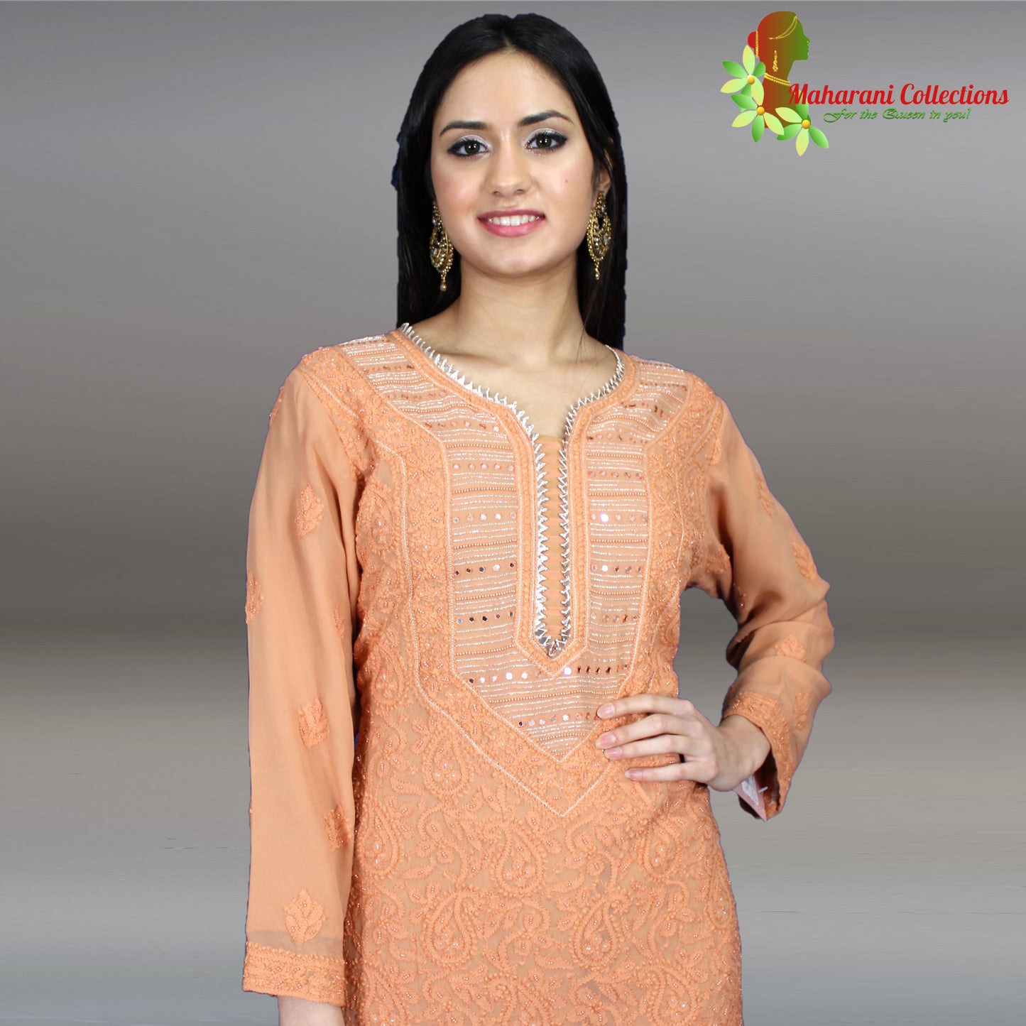 Maharani's Lucknowi Chikankari Sharara Suit - Orange (L) - Pure Georgette