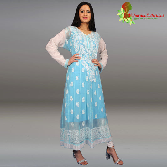 Maharani's Lucknowi Chikankari Anarkali Suit - Light Blue (XL)