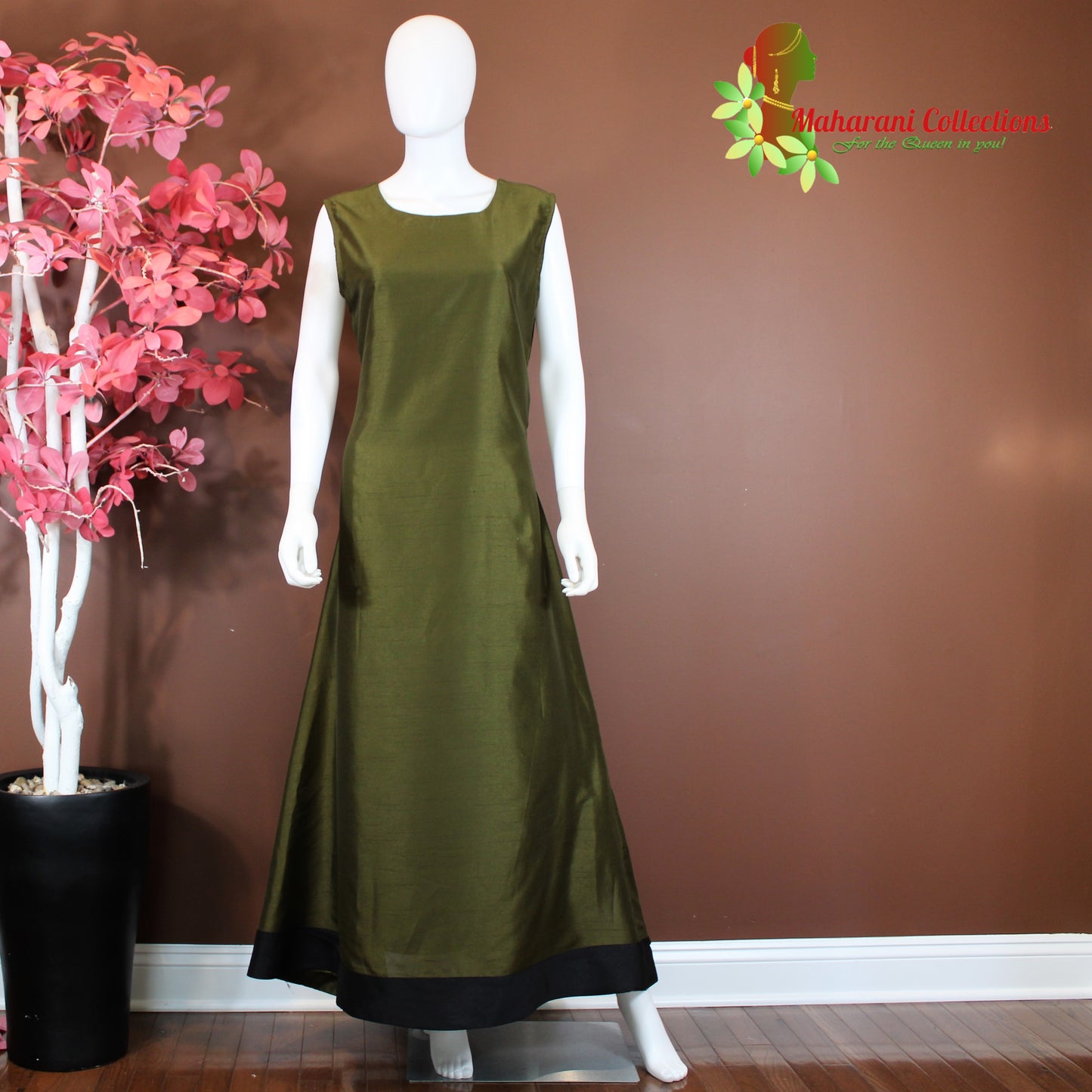 Maharani's Designer Gown - Henna Green (XL) - Tussar Silk