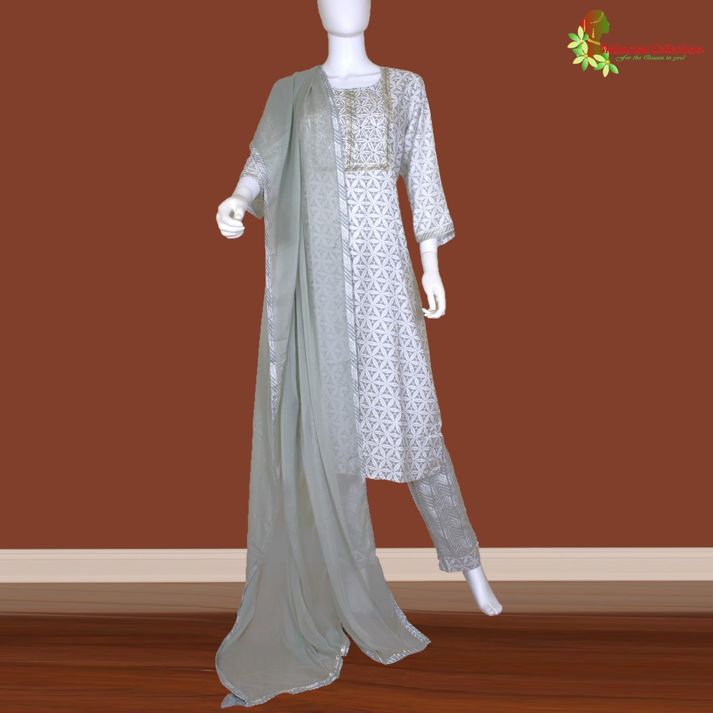 Maharani's Suit with Pants and Dupatta- Pure Muslin Silk - Grey (M)