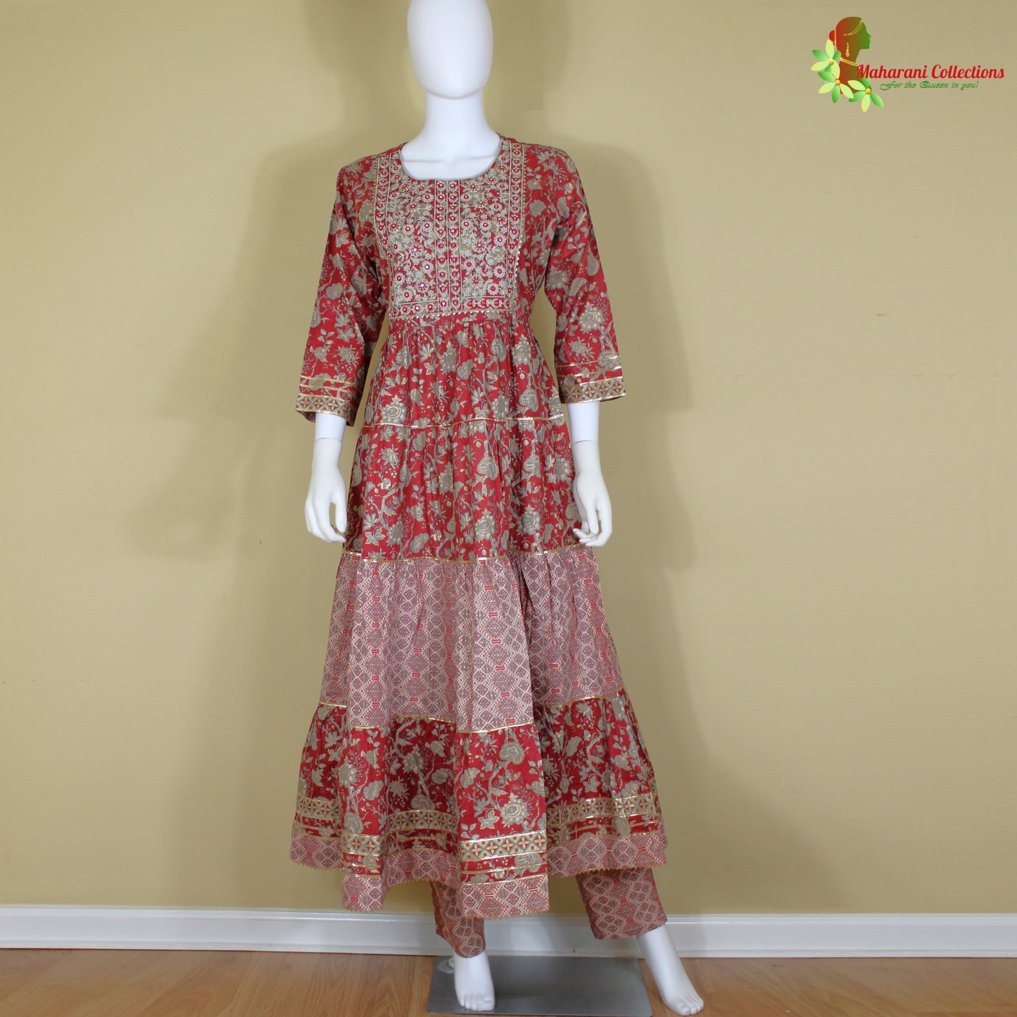 Maharani's Anarkali Suit - Maroon (XL) - Pure Cotton