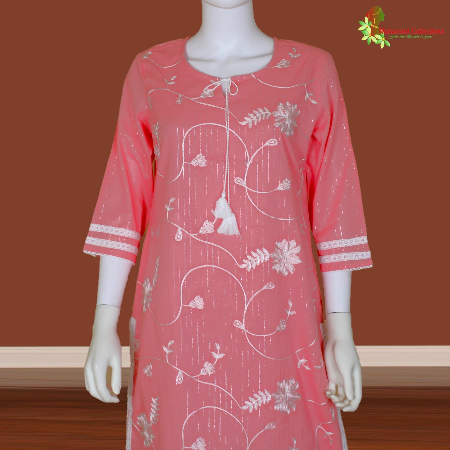 Maharani's Suit with Pants and Dupatta - Peach (L) - Pure Muslin Silk