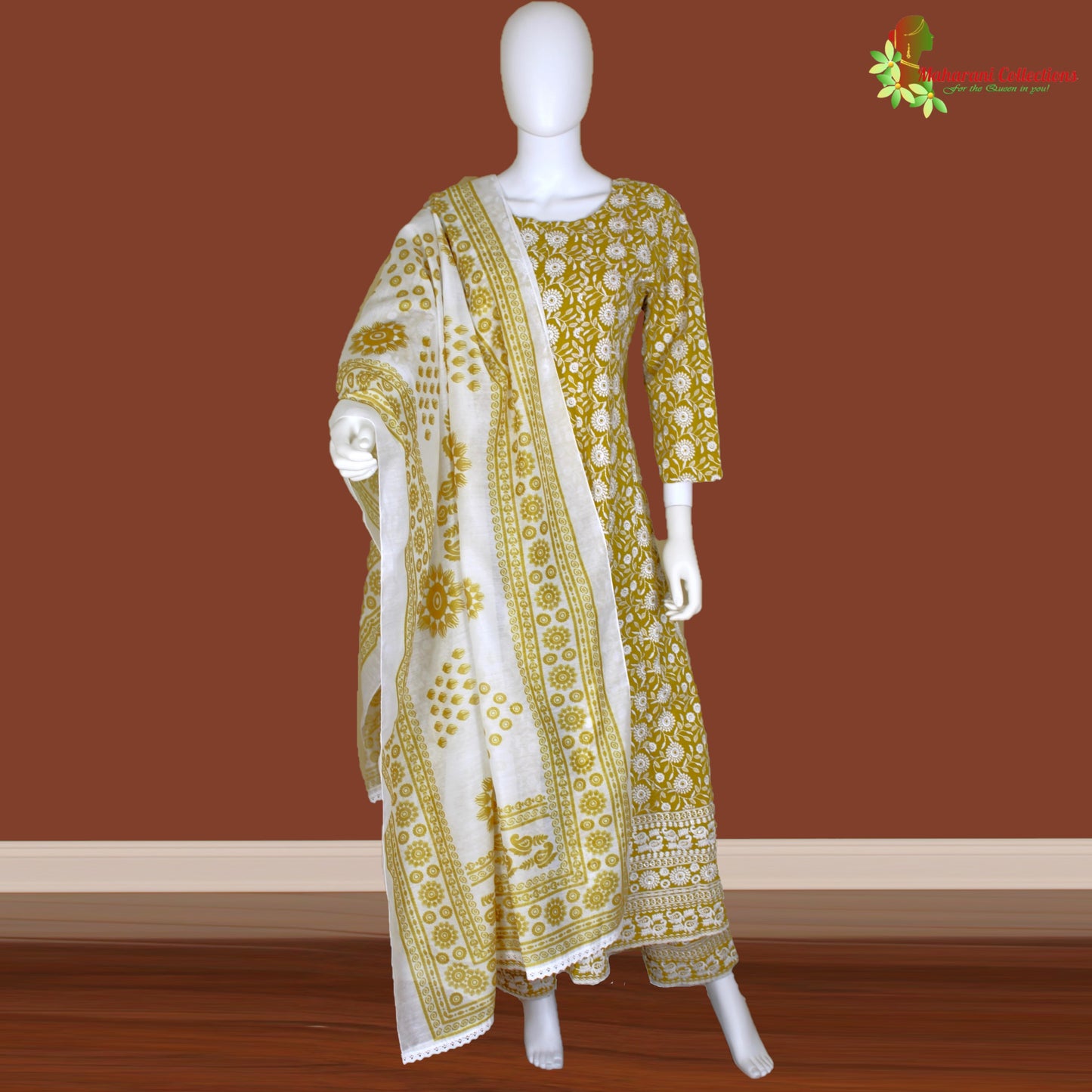 Maharani's Anarkali Suit - Mustard Yellow (L) - Pure Cotton