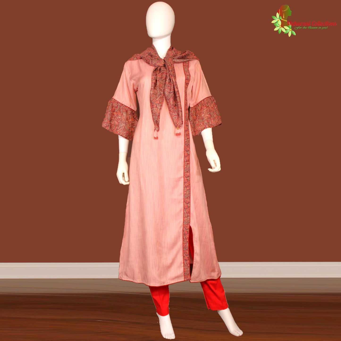 Maharani's Salwar Suit Set - Peach (L) - Cotton Silk