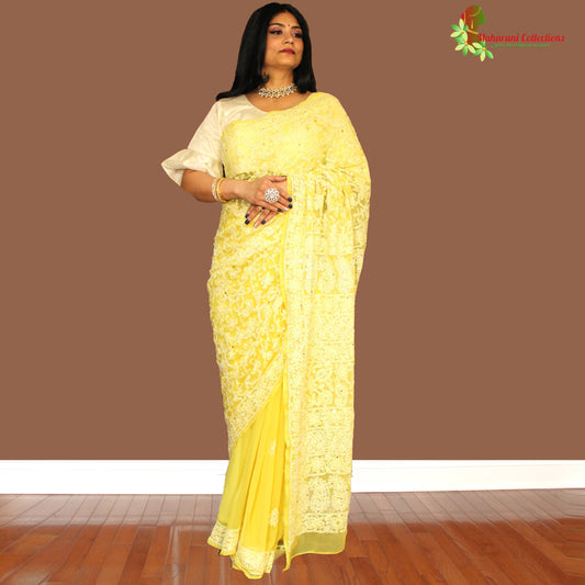 Maharani's Party Wear Lucknowi Chikankari Saree - Yellow - Pure Georgette