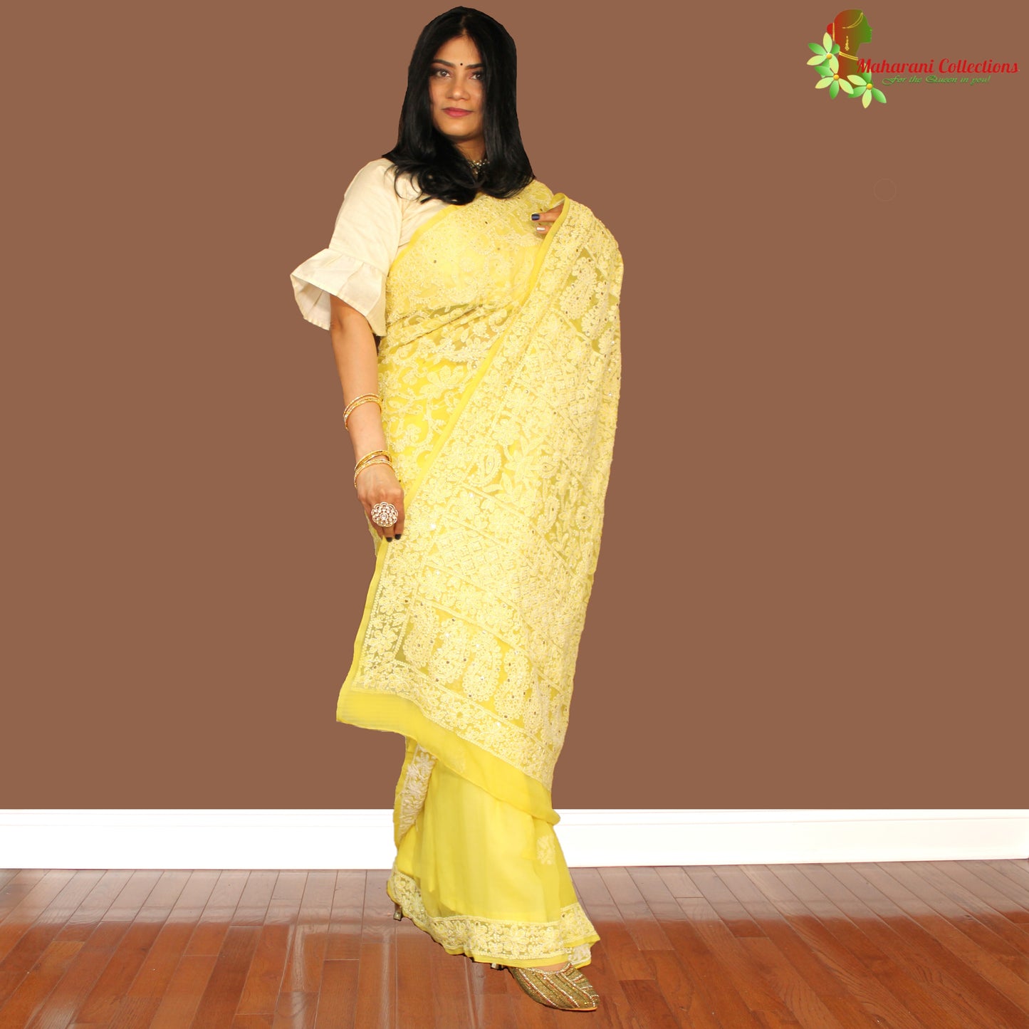 Maharani's Party Wear Lucknowi Chikankari Saree - Yellow - Pure Georgette